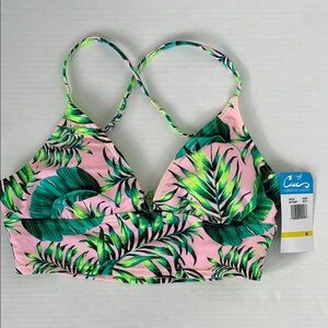 California Waves Pink and Green Palm Leaf Bikini Swimwear Top Medium